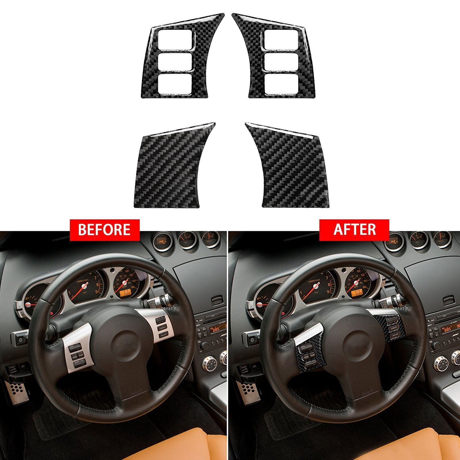 4PCS Carbon Fiber Car Steering Wheel Button Cover Trim For Nissan 350Z 2003-2009