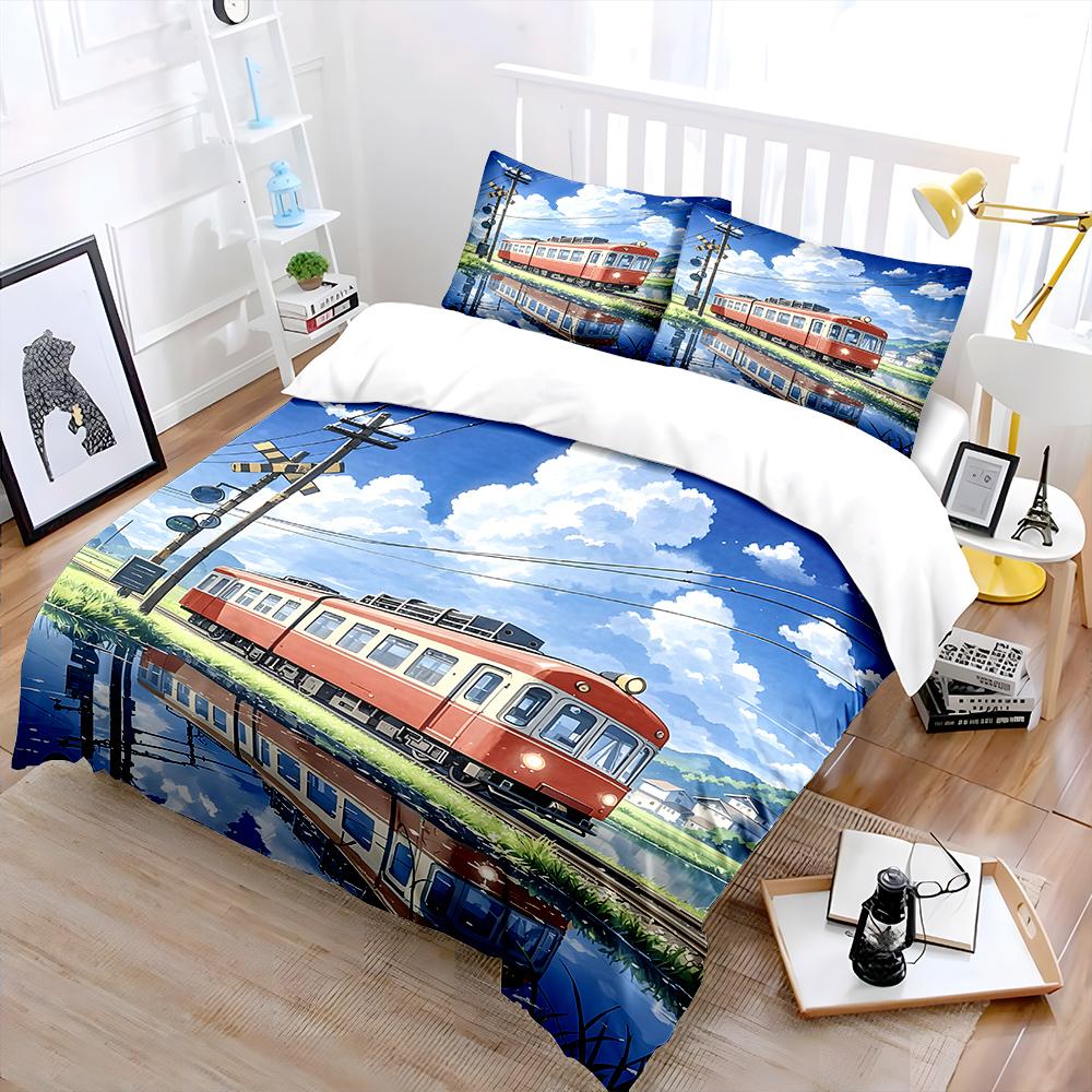 Red train in rural scenery Print
