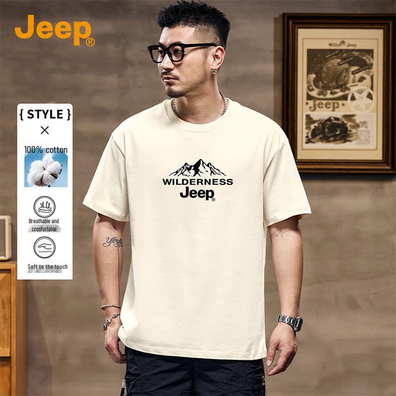 Jeep Heren 260G Zwaar Katoen Korte Mouw T-shirt L abrikoos