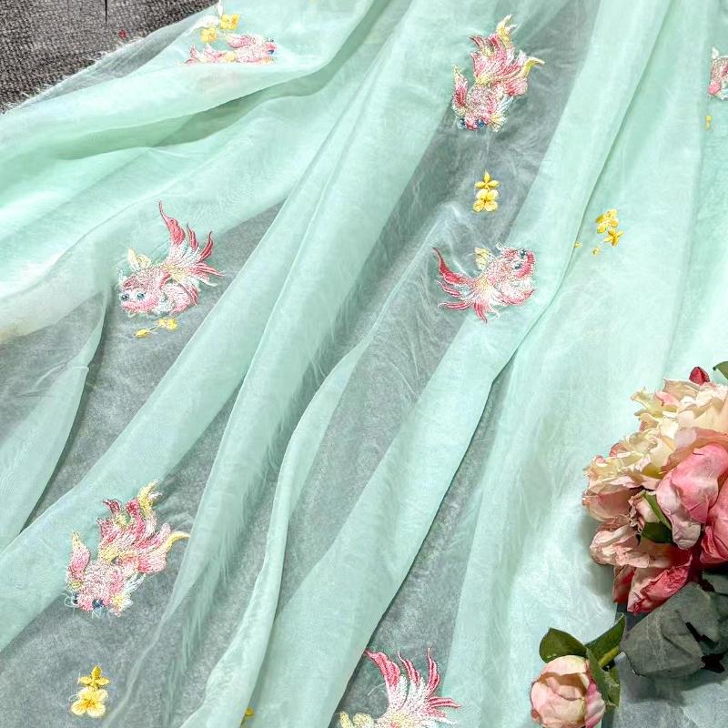 Printing Silk Chiffon Fabric Koi Carp Embroidery Fabric Tulle Handmade DIY Chinese Ancient Hanfu Stage Dance Dress Wedding Decor