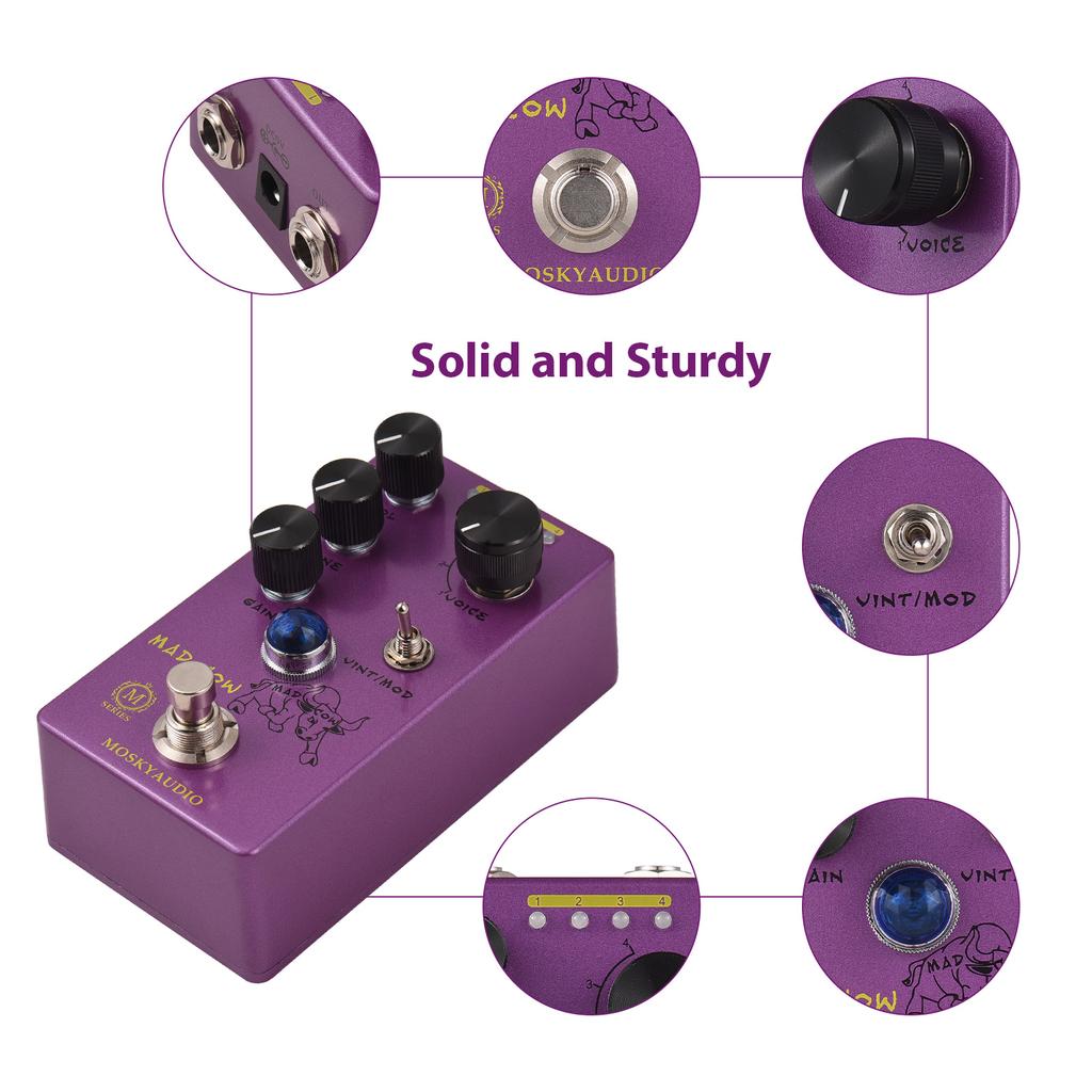 MOSKYAUDIO MAD COW Guitar Distortion Effects Pedal GAIN/VOL/TONE/VINT/MOD/4-Mode Knob DC 9V 6.35mm