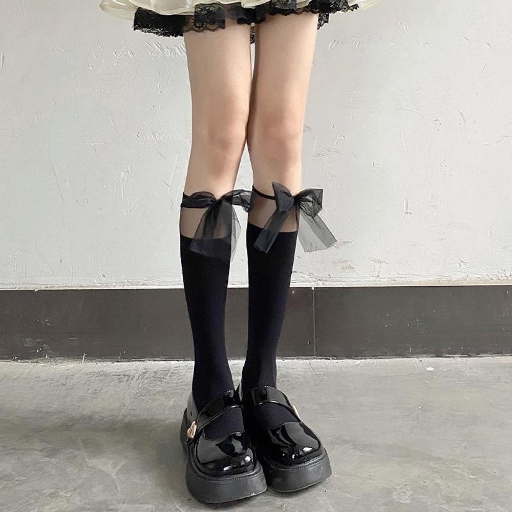 Lace, Calf Socks Mesh Black Silk Stitching Bow Calf Socks Transparent Tube Socks Tulle Velvet Socks