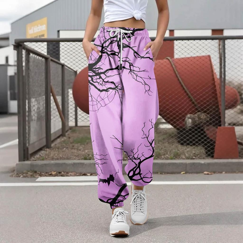Pantalon de survêtement décontracté à imprimé Halloween pour femme, pantalon de loisirs, taille élastique avec cordon de serrage, pantalon à cordon de serrage