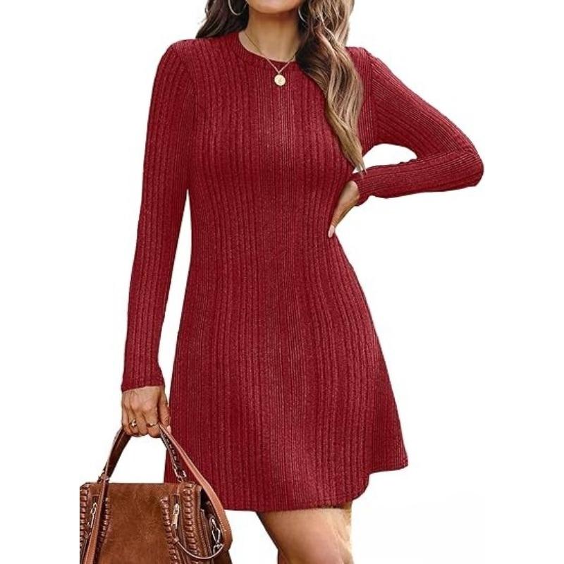 

JKASHDK Жіноча мода весна-осінь однотонні повсякденні сукні з довгим рукавом і круглим вирізом із принтом із високою талією XXL бордовий