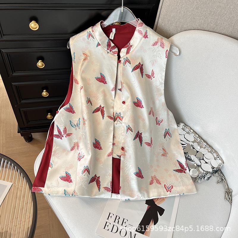 

2025 ранняя весна жилет с жаккардовой застежкой-бабочкой модного дизайна со стойкой воротником женский топ XXXL [Recommended 138-75kg]