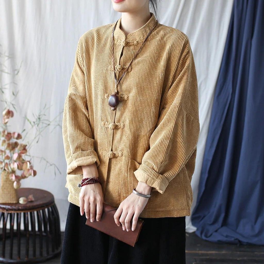 Johnature Women Vintage Stand Jackets Stand Long Sleeve Autumn Coats Button Solid Color Patchwork Pockets Jackets