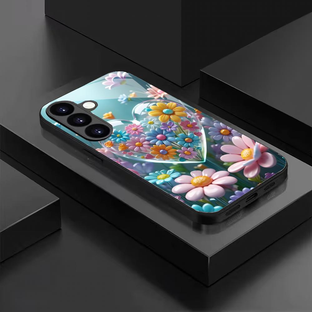 Bunte Blumen-Herzform-Hartglas-Handyhülle geeignet für Samsung GalaxyS26 S25 S24 S22 S21 S20FE/Ultra/Plus sturzsicher