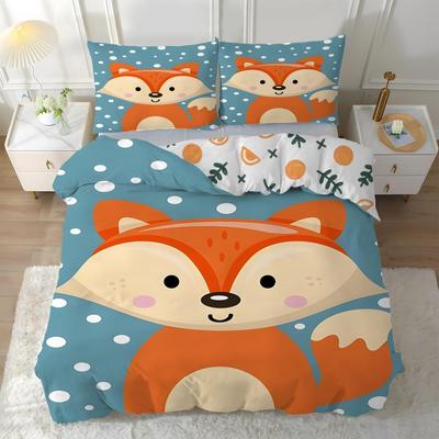 Cute Cartoon Fox Bedding Set,3D Print Soft and Comfortable Reversible Single Duvet Cover with Pillowcase Bedroom Decoration Gift