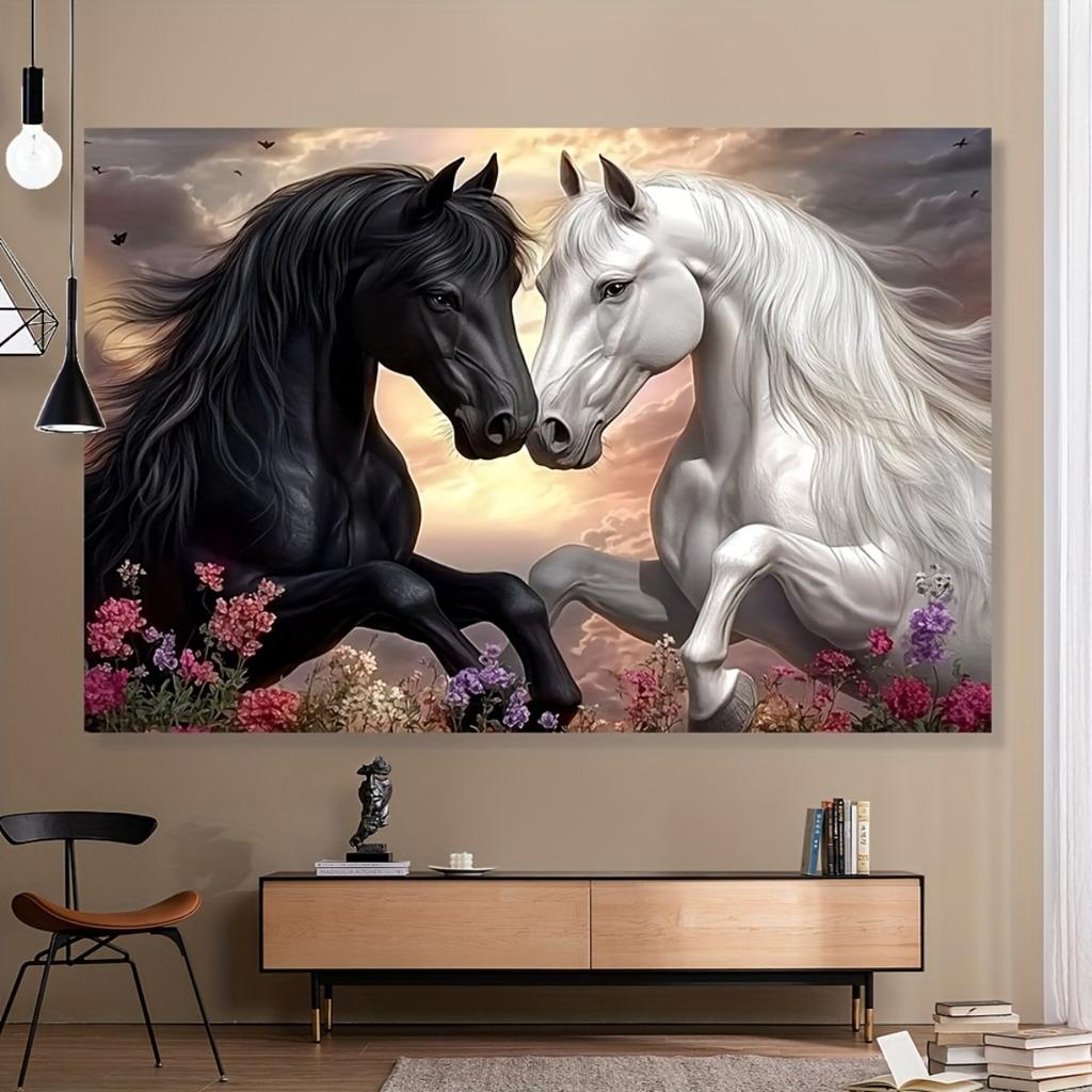 Black And White Horses Tapestry Wall Hanging, Yin Yang Stallions Art Tapestry For Living Room Bedroom, Aesthetic Home Decor