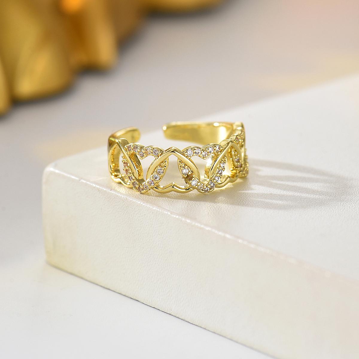 Interlocking Heart CZ Adjustable Ring for Women Rose Gold/Silver/Gold Color Paved Crystal Open Band Romantic Promise Jewelry