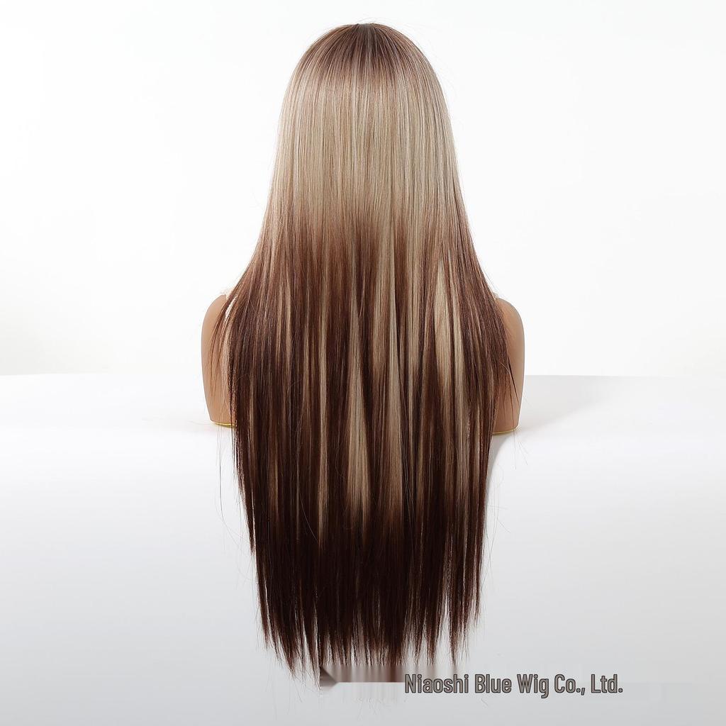 Gradient Brown European Wig for Women - Long Straight Hair with Natural Layers and Volume, Straight Bangs, Full Head Cover for Cosplay, In Stock.