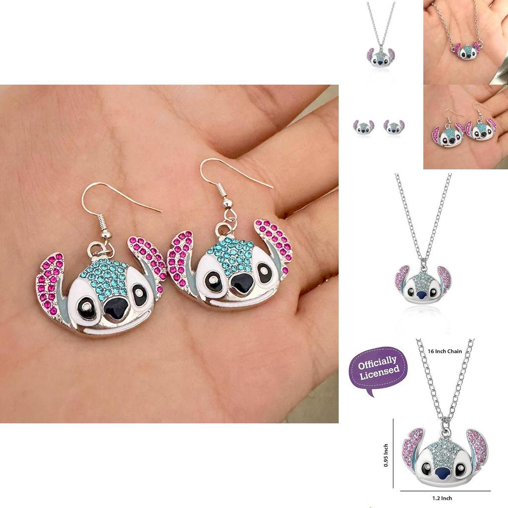 Adorable Cartoon Character Stitch Shimmering Drip Oil Jewelry Set Elegant Necklace Bracelet And Earrings For All Occasions