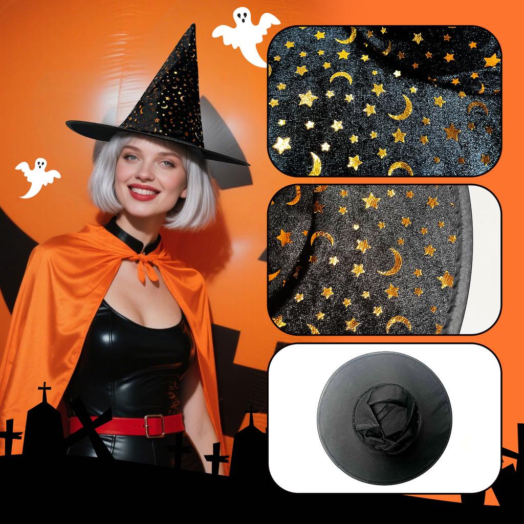 2pcs American Trends Halloween Witch Hat for Women Wizard Hat with Gold Star Cosplay Costume Accessory for Party