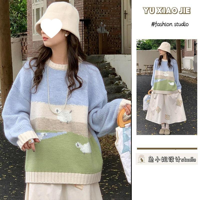 

French gentle temperament color matching jacquard soft waxy round neck pullover sweater female student foreign style versatile 2xl recommended 62.5-67.5kg