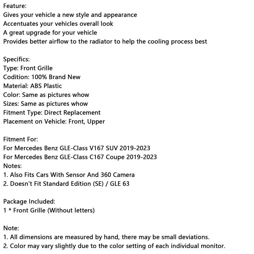 Griglia Griglia Paraurti Anteriore Adatta per Mercedes Benz Classe GLE C167 V167 2019-2023