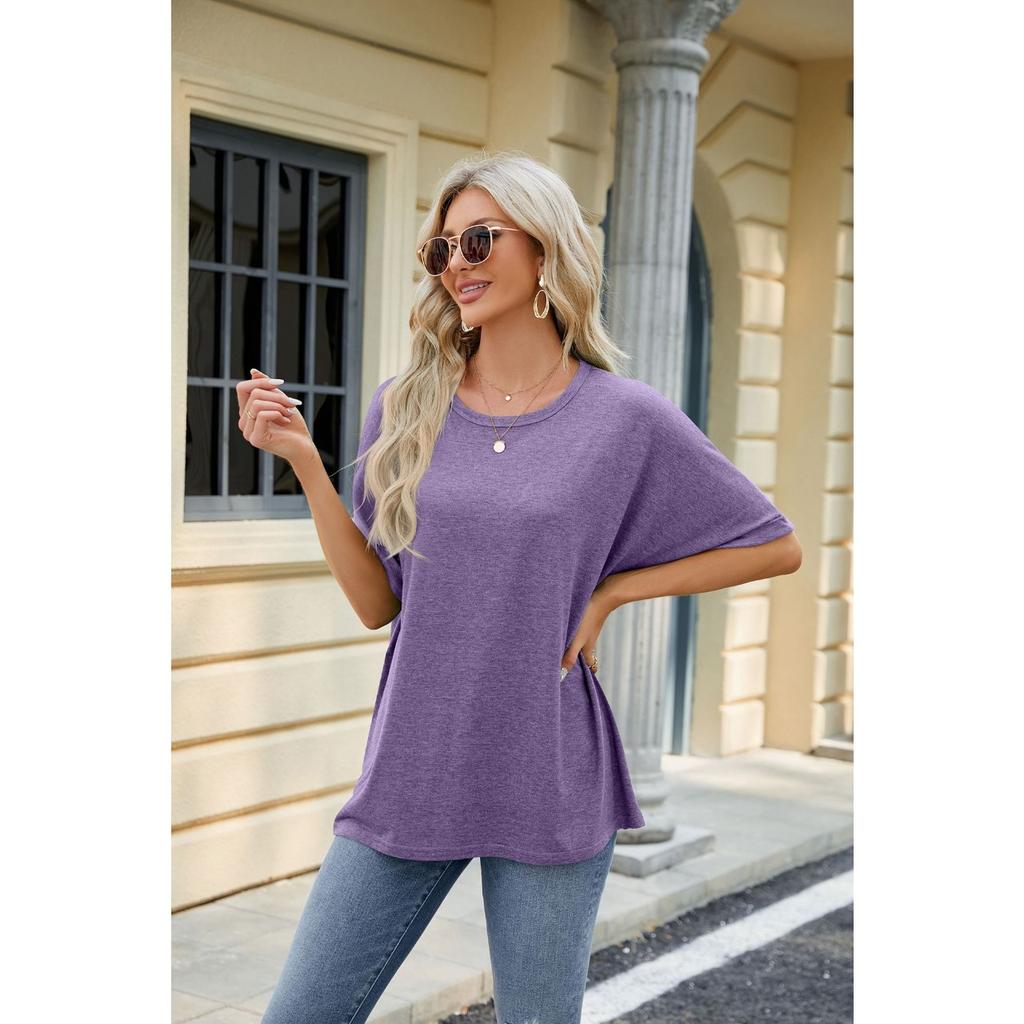 HNXC Spring Summer Solid-color Round-neck Loose Short-sleeved T-shirt Top for Women