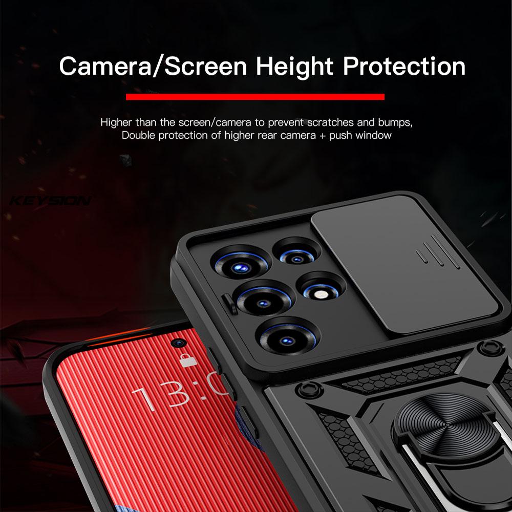 KEYSION Shockproof Armor Case for Itel SUPER 26 Ultra Slide Camera Lens Protection Ring Stand Phone Cover for Itel S26 Ulltra