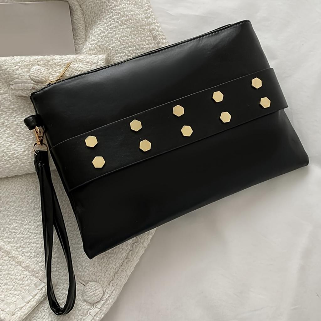 1 Stück Damen-Clutch, einfarbige Umschlaghandtasche mit Nieteneinlage, Reißverschluss, gefüttert, geeignet für Arbeit, Pendeln, Verabredungen, Partys