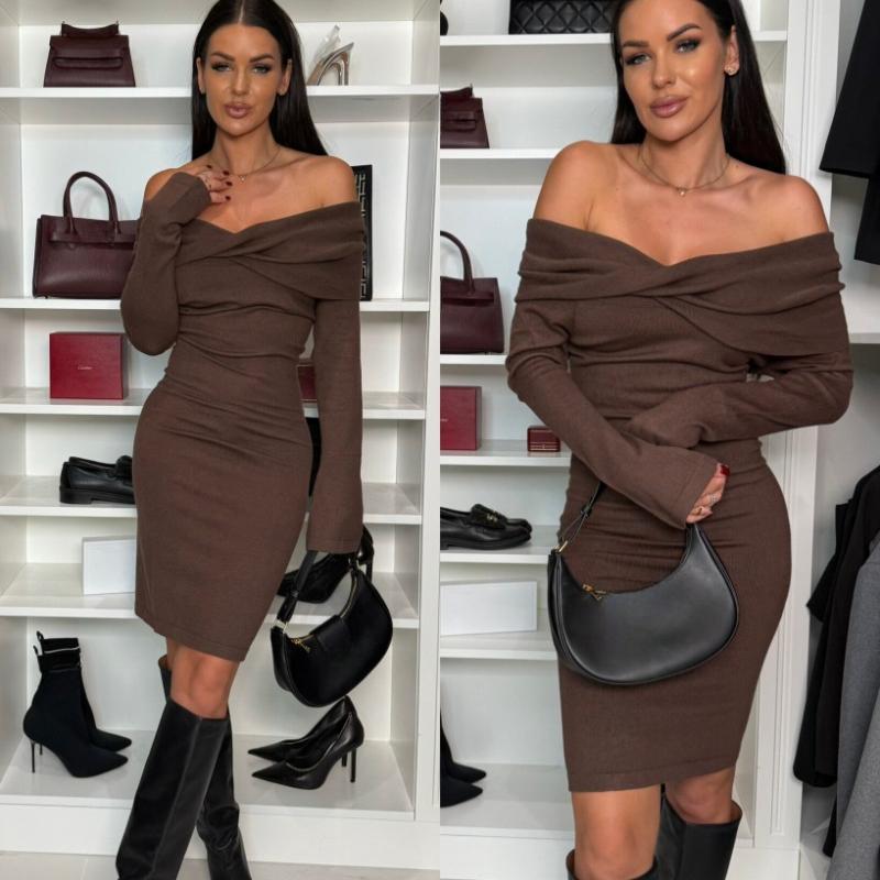 Autumn and Winter Long Sleeve Slash Neck Sexy Dress Women High Waist Slim Casual Dresses Women Solid Elegant Vintage Party Club Pencil Dress 25611