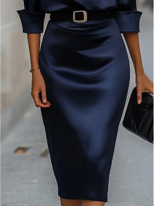 2026 Elegant Swing Collar Solid Color Long Sleeve Women's Dress