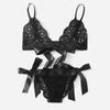 Lace Bralette Set with Bow Tie Straps Two Piece Lingerie Set Sheer Mesh Triangle Bra and Matching Panty Soft Fabric Intimate Wear for Women