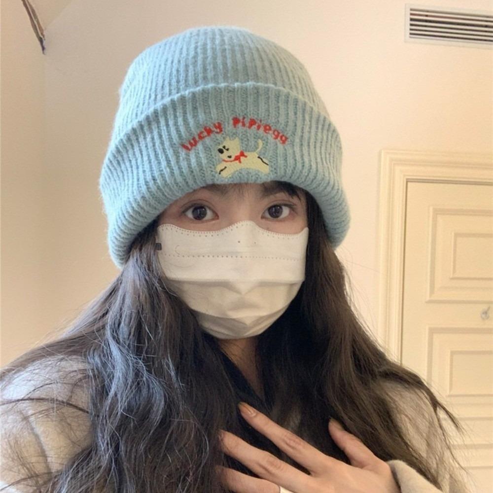 Puppy Embroidery Winter Knitted Hat Winter Warm Crochet Bonnet Hat Cute Beanie Cap