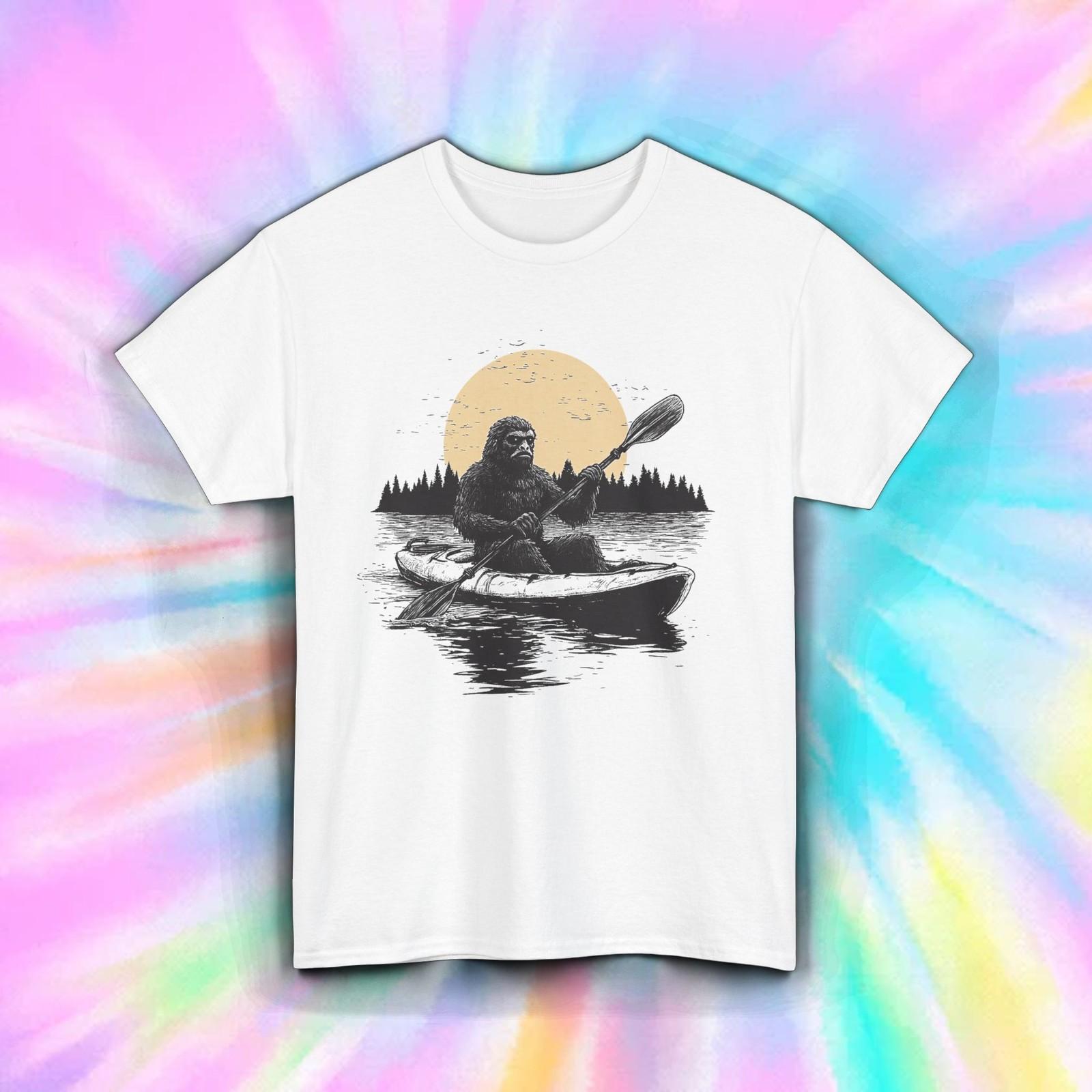 Bigfoot Kayaking Shirt Funny Sasquatch Paddling Lake Canoe Nature Sunset Tee L