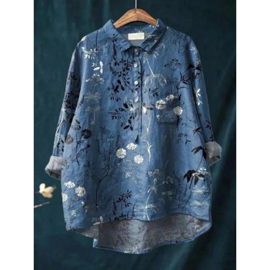 Women's Turn Down Collar Long Sleeve Floral Print Shirt Loose Fit Elegant Casual Blouse