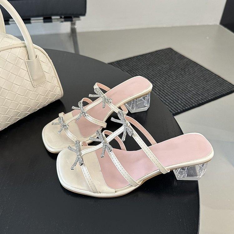 French Bow Open-toed Thick-heeled Sandals for Women's Summer Wear, Retro Silver Word with Cool Slippers for Outer Wear