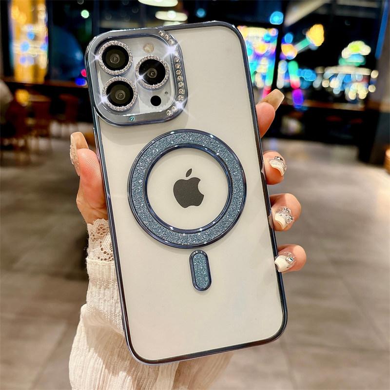 

Новый модный сверкающий бриллиантовый прозрачный чехол для iPhone 16 15 14 13Pro Max магнитный чехол-бампер с беспроводной зарядкой iPhone 13 синий