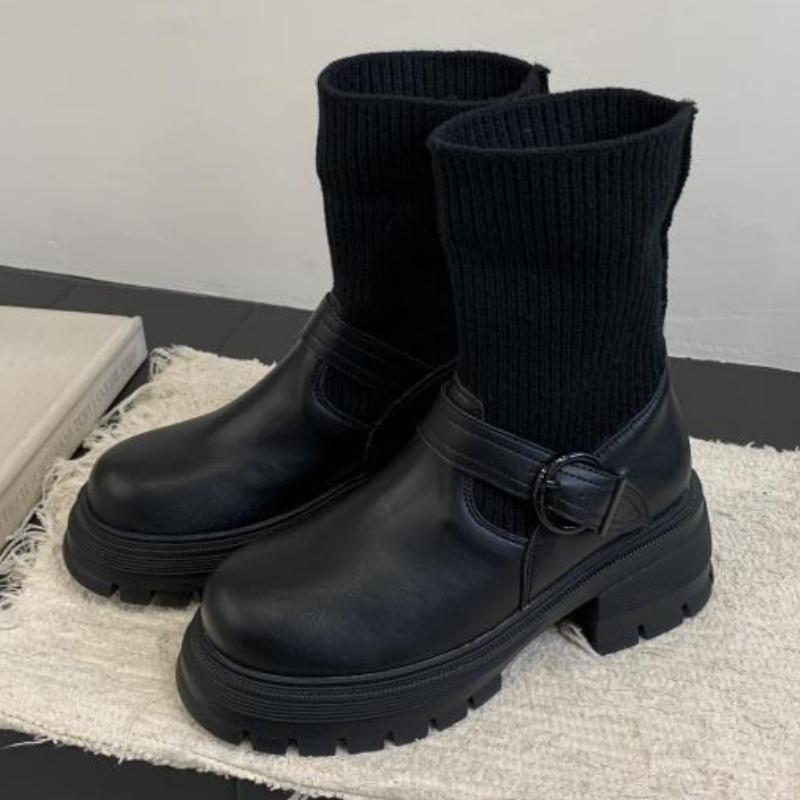 

Fashion Winter Warm Knitted Stretch Sock Boots Women Fashion Round-toe Belt Buckle Design Ankle Boots Comfort Waterproof Platform Boots 39