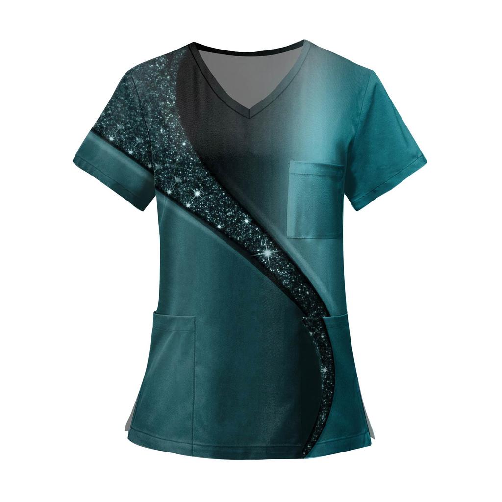 Women's Fashion Printed Short Sleeve V Neck Pattern Tops Pocket Working T-shirts