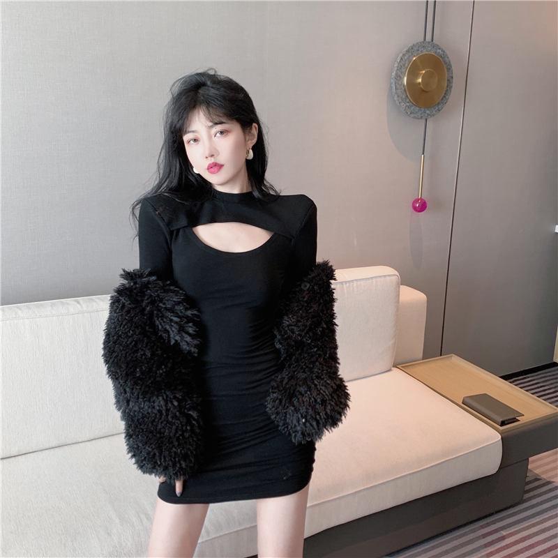 2026 Spring and Autumn Clothing New Pure Desire Sexy Hollow Slim Skinny Hip Wrap Skirt Foreign Style Folded Long Sleeve Bottom Dress