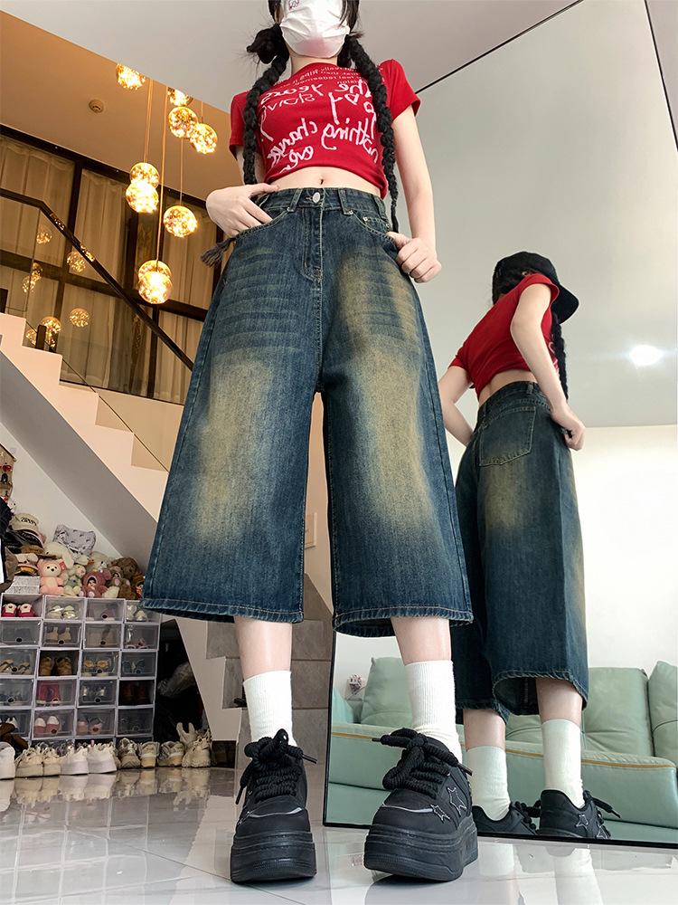 Retro High Waist Wide Leg Cropped Denim Shorts for Women - Summer Plus Size Slimming Loose Fit