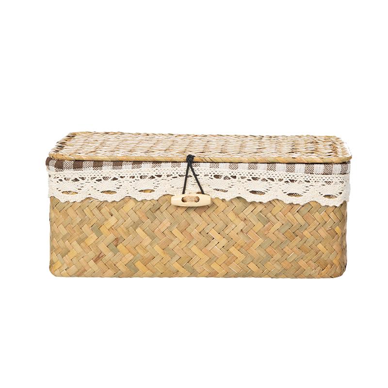 Wicker Basket with Lids Nautral Seagrass Storage Box Basket Woven Rectangular Bins Container Rattan Storage Organizer