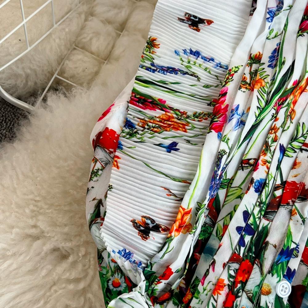 Sommer Damen Kleid Mode Blumendruck Ärmelloses Kleid Hohe Taille Skinny Plissee Kleid