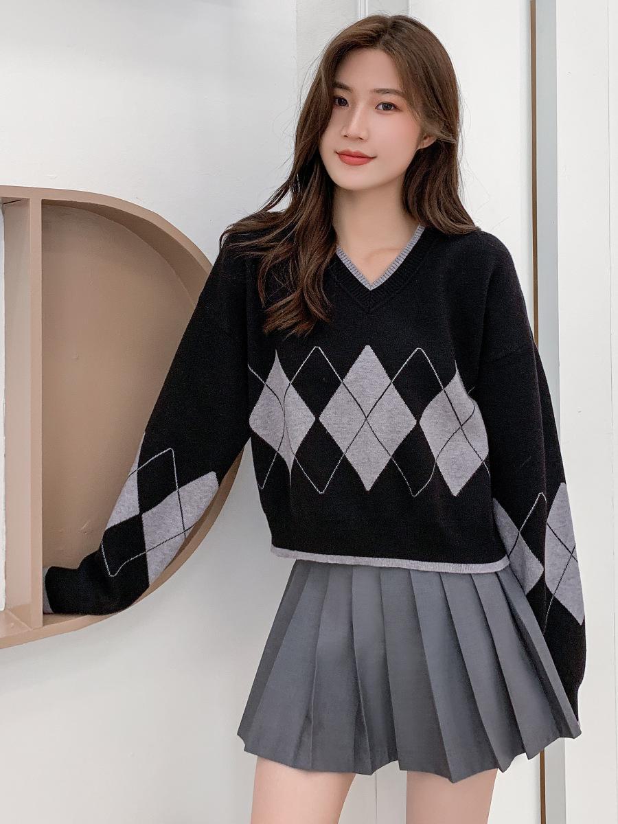

Autumn Diamond Knit Long-Sleeve Loose Sweater for Women S чёрный