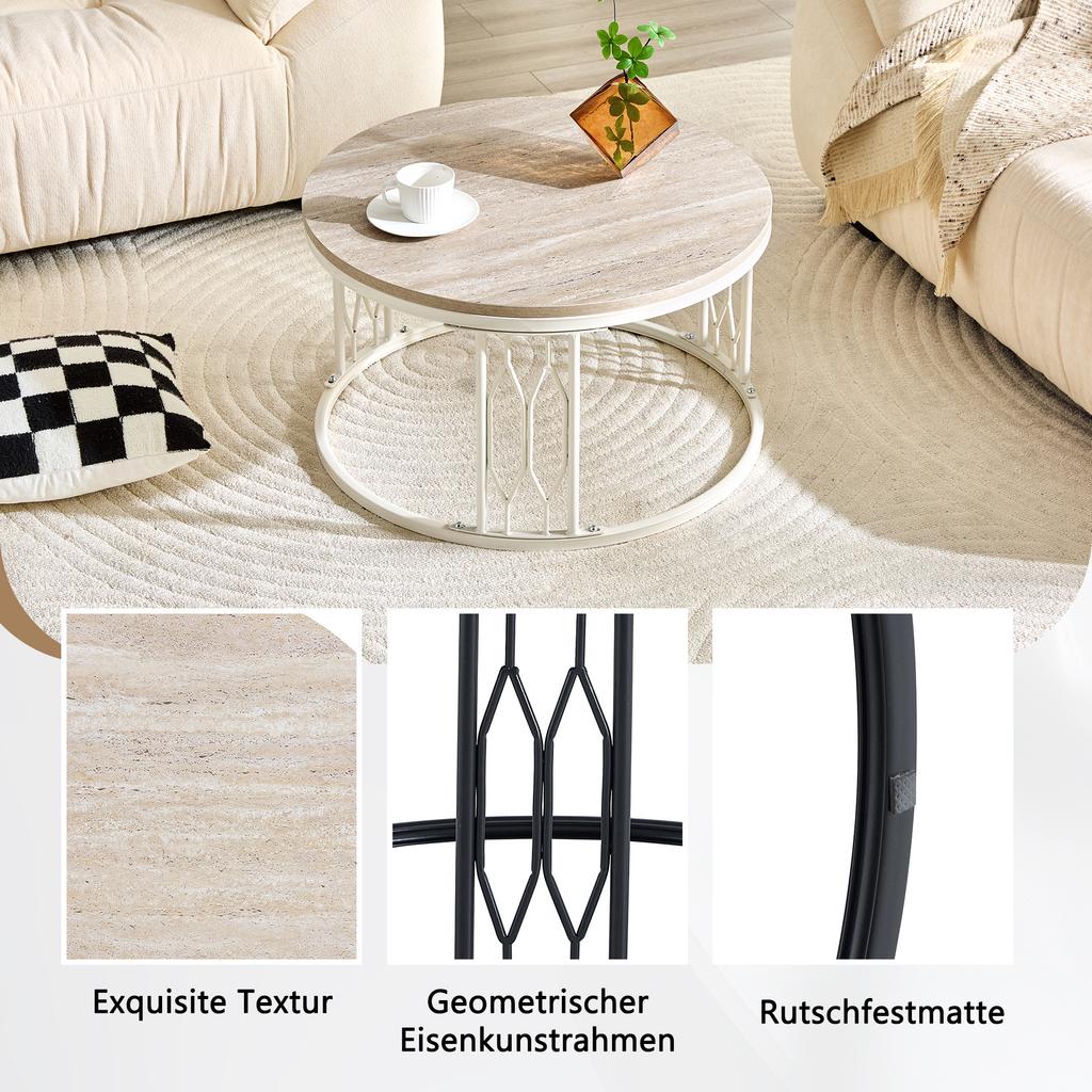 Round Coffee Table with Wood-Look Top and Metal Frame, Modern Living Room Table with Geometric Iron Frame, Sturdy Round Side Table, approx. 70x40.5 cm