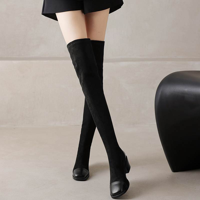Krazing Pot Flock Autumn Winter Shoes Thick Heels Size 43 Long Boots Apricot Patch Work Stretch Over-the-knee Boots