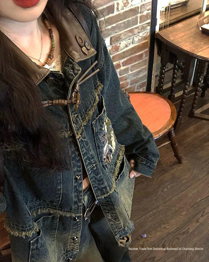 2025 Playful Green Embroidered Denim Jacket - Spring/Autumn Retro Style | Free Shipping