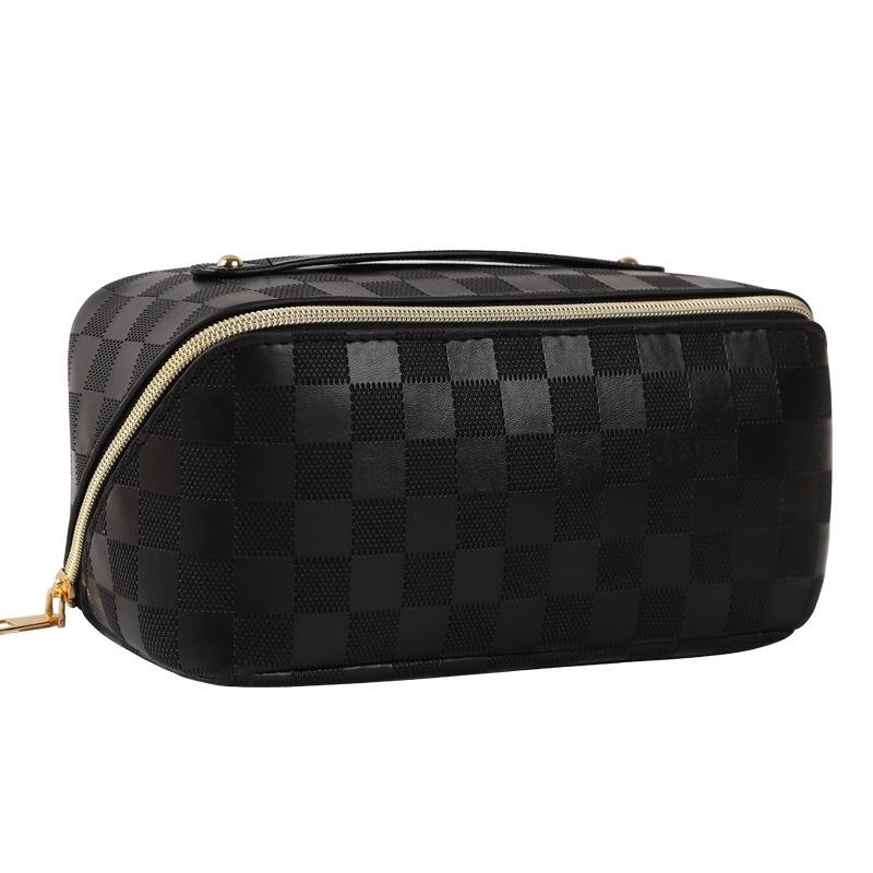 Portable Checkerboard Pu Leather Handheld Travel Large Capacity Cosmetic Toiletry Storage Bag