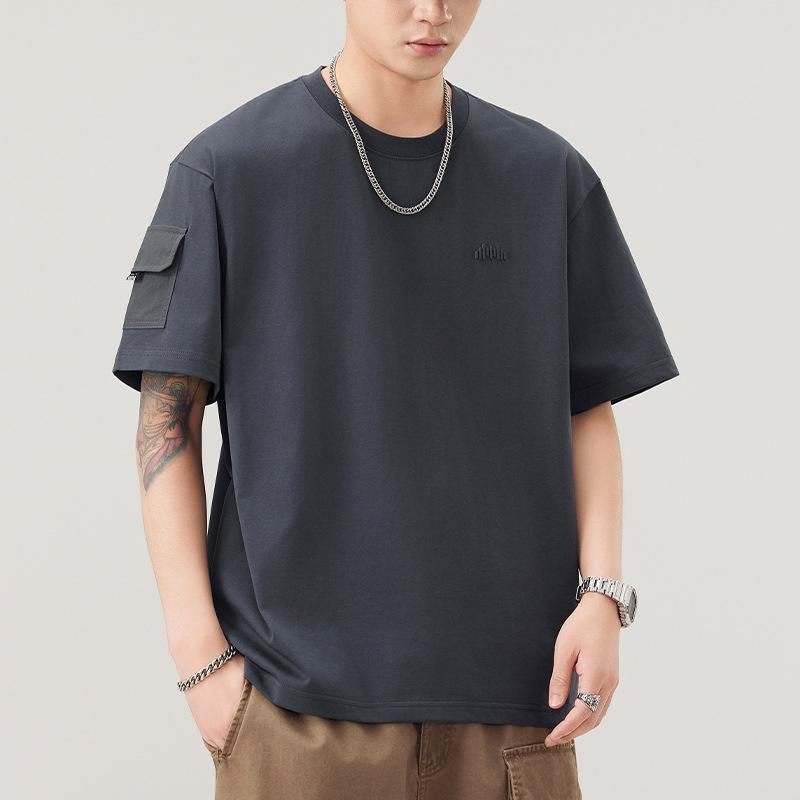 Pocket Short-sleeved T-shirt for Men's Summer New Embroidered Five-quarter Sleeve T-shirt Round Neck Loose