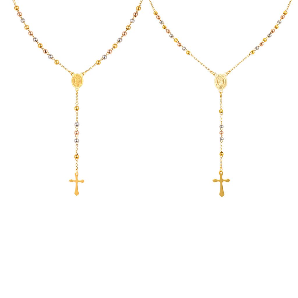 Stainless Steel Three-Color Rosary Virgin Oval Cross Y-Shaped Gold Necklace