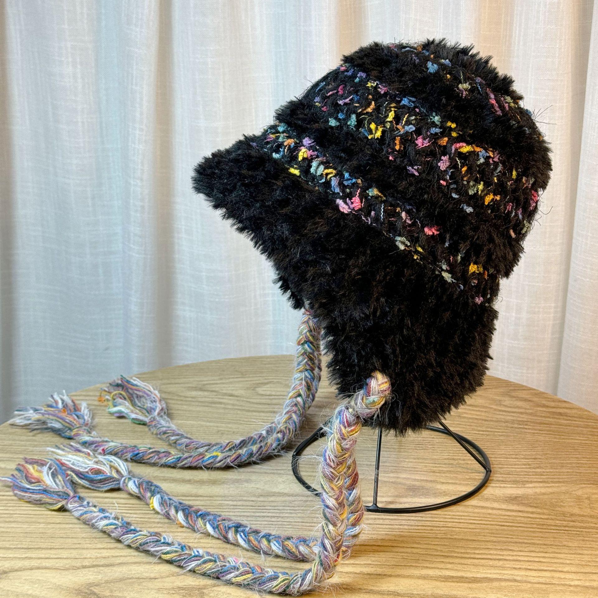 

Japanese Autumn and Winter Plush Warm Tassel Braided Lei Feng Hat for Women Korean Version Sweet and Cute Colorful Bean Knitted Woolen Hat one size