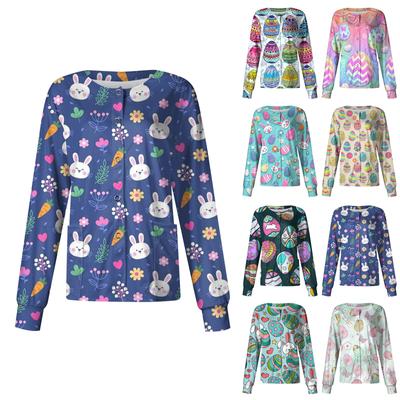 Women's Casual Fashion Stand-up Collar Single Breasted Easter Printed Nurses Tops