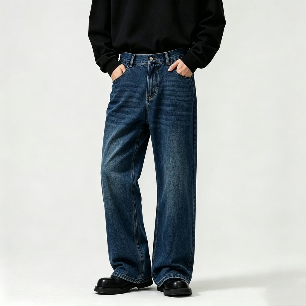 Men's Fashion Retro Straight Leg Jeans with Half Elastic Waist, Wide Leg Denim Pants for Spring and