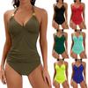 2025 Women's Solid Halterneck V-Neck Tie Two-Piece Swimsuit with Shorts - Europe & America