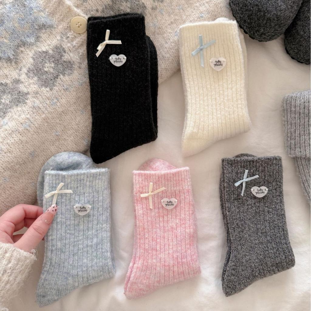 Thickened Buttons, Korean Bows, Gray Wool Socks, Love Girl Socks, Piles Of Socks