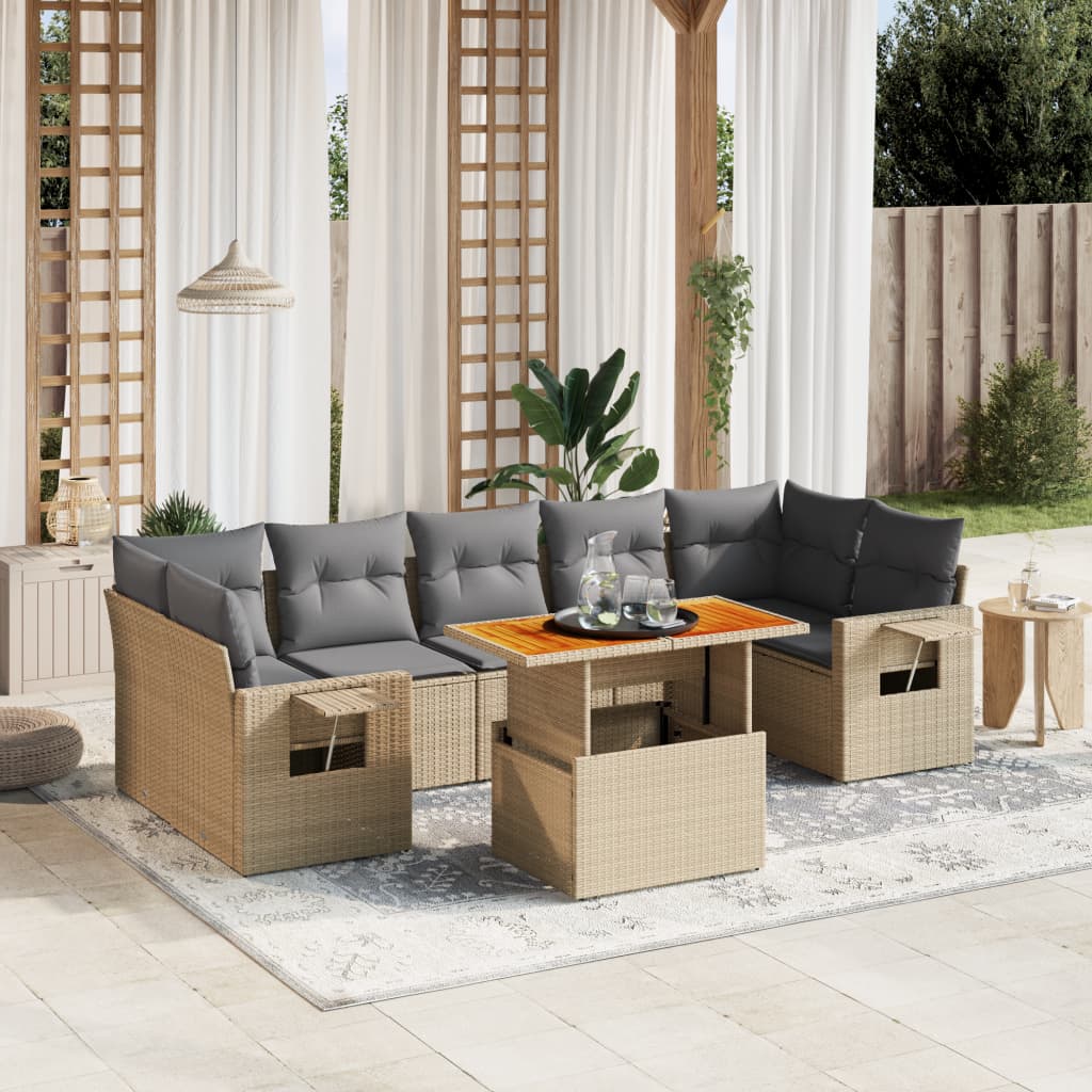 8-teiliges Gartensofa-Set mit Kissen Beige Poly-Rattan