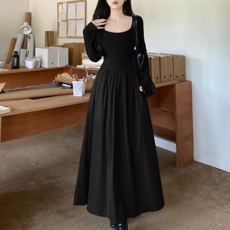 Hepburn-Style Long Sleeve Square Collar Dress - Women's Spring 2024 Collection